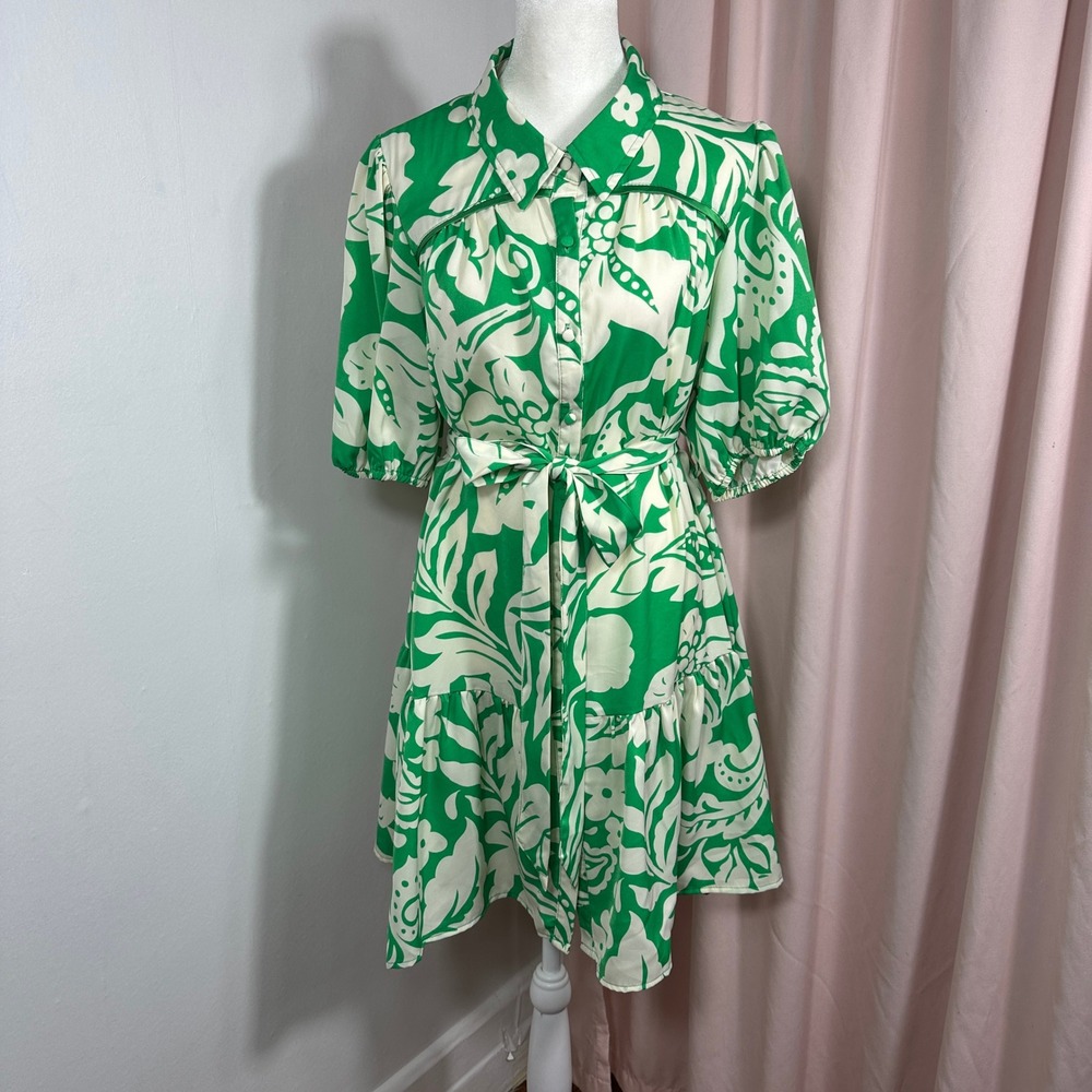 Unknown Brand Floral Shirt Dress Womens Size Unknown Green Excellent Puff Sleeve